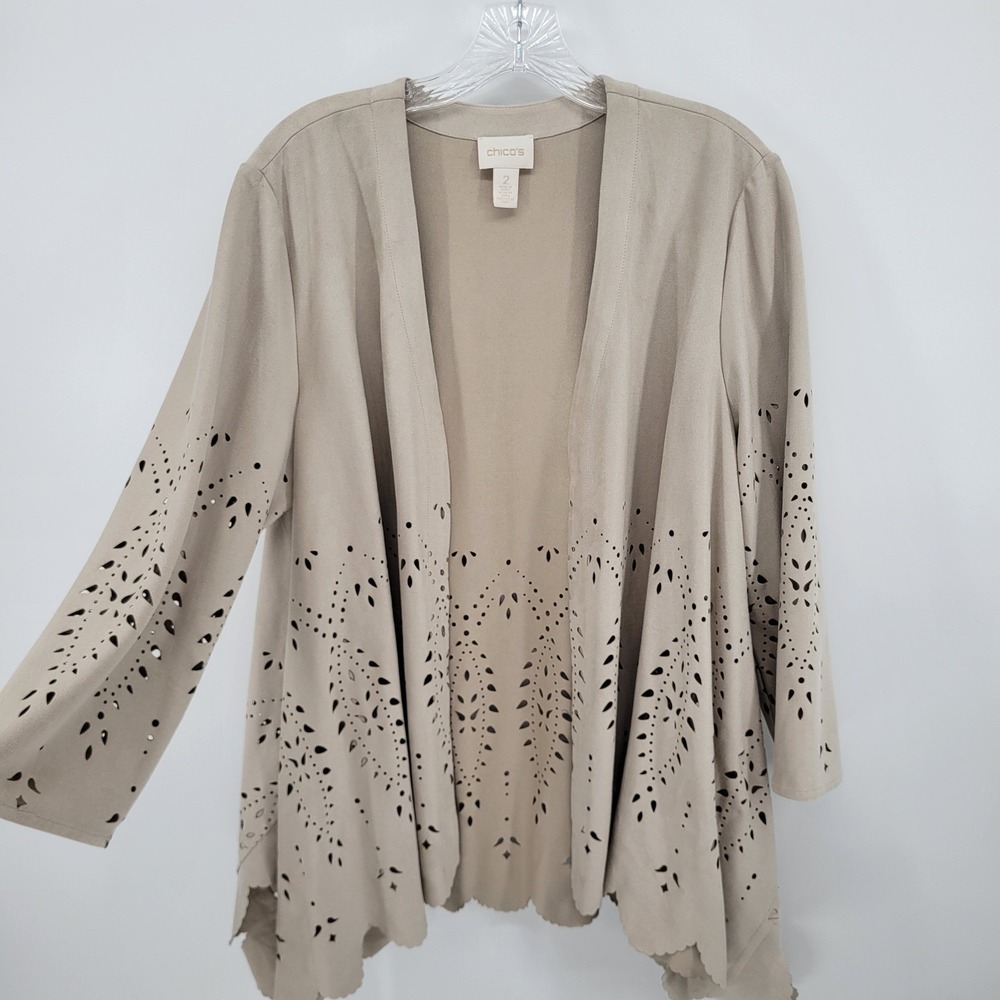 Chicos Taupe Faux Suede Laser Cut Eyelet Open Front Cardigan Jacket Tan Size 2